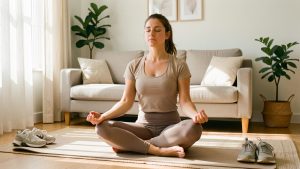 Femme adulte en tenue de sport assise en méditation sur un tapis dans un salon lumineux, avant une marche.