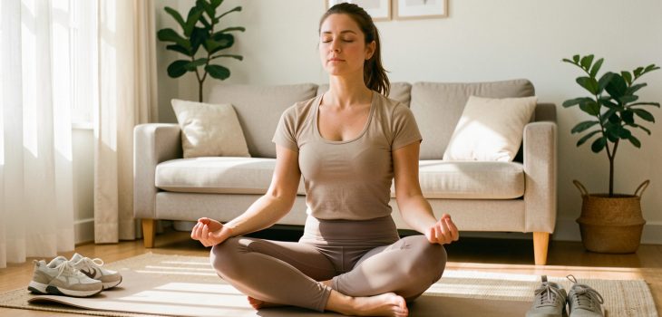Femme adulte en tenue de sport assise en méditation sur un tapis dans un salon lumineux, avant une marche.
