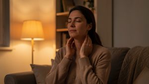 Femme méditant le soir dans une pièce chaleureuse, les yeux fermés, en relâchant doucement sa nuque et sa mâchoire.