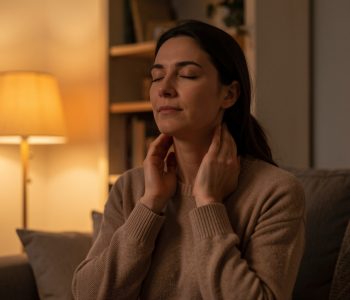 Femme méditant le soir dans une pièce chaleureuse, les yeux fermés, en relâchant doucement sa nuque et sa mâchoire.