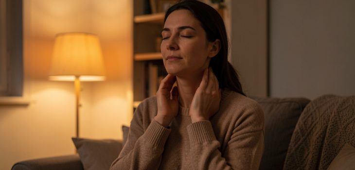 Femme méditant le soir dans une pièce chaleureuse, les yeux fermés, en relâchant doucement sa nuque et sa mâchoire.