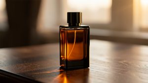 Flacon de parfum masculin noir et ambré posé sur une table en bois sombre, éclairé par une douce lumière de fin de journée dans une ambiance élégante et sereine.