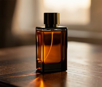 Flacon de parfum masculin noir et ambré posé sur une table en bois sombre, éclairé par une douce lumière de fin de journée dans une ambiance élégante et sereine.