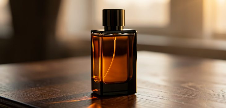 Flacon de parfum masculin noir et ambré posé sur une table en bois sombre, éclairé par une douce lumière de fin de journée dans une ambiance élégante et sereine.
