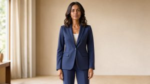 Portrait éditorial d’une femme adulte élégante portant un tailleur bleu nuit souple dans un décor minimaliste éclairé par une lumière naturelle douce.